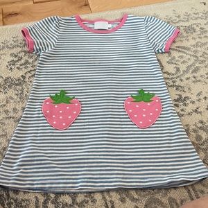 Blue and white stripe cotton short sleeve dress with strawberry pockets